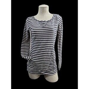 KATIEK Striped Long Sleeve Tee Shirt Top Women's Medium Kangaroo Pocket EUC